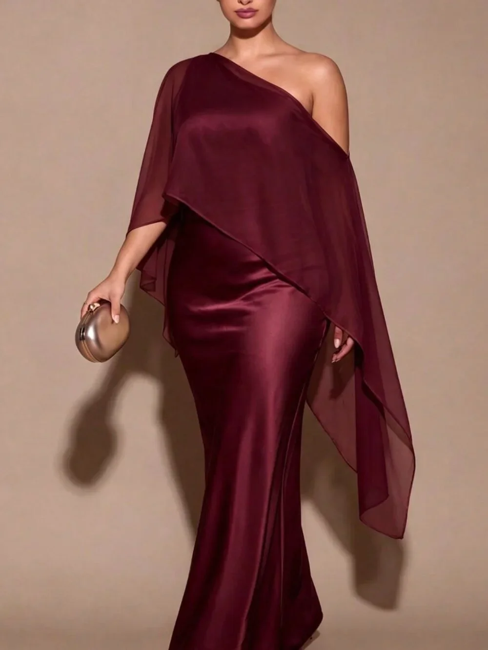 Burgundy Party Women's Plus Size Long Asymmetrical Shoulder Dress